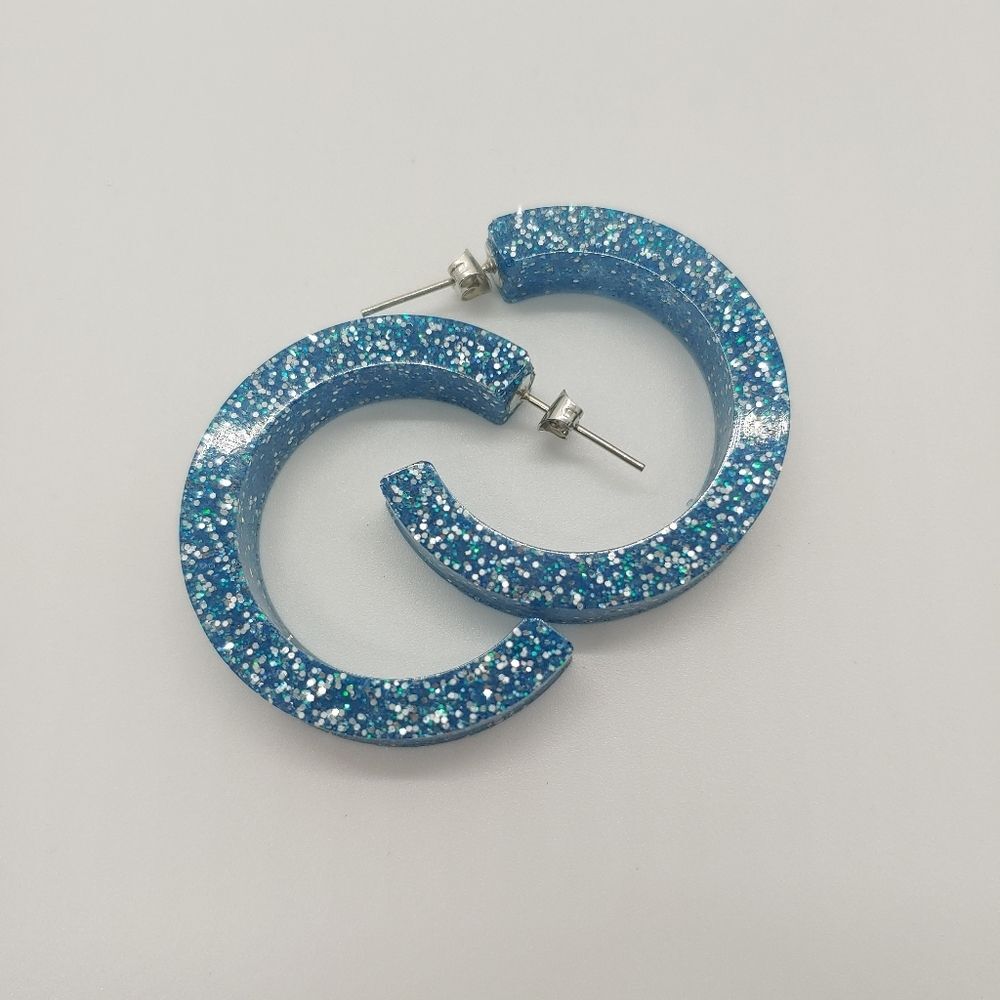 Earrings Blue & Silver Glitter Hoop Studs